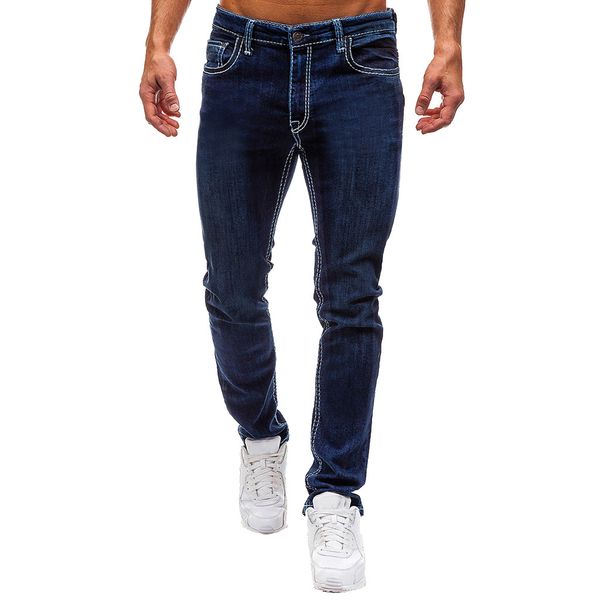 

autumn classic jeans men slim fit casual trousers solid pocket male jeans destroyed denim full-length pants 7#3a1, Blue