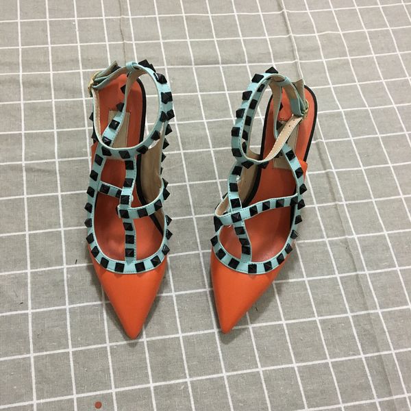 

designer pointed toe 2-strap with studs high heels patent leather rivets sandals women studded strappy dress shoes valentine high heel shoes, Black