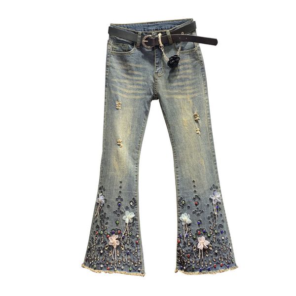 

european flare pants woman beaded vintage ripped jeans woman 2020 spring new high-waist worn loose jean pants ladies jeans femme, Blue