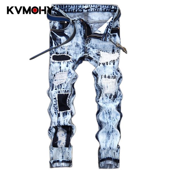 

men jeans hip hop new skinny pants mens stretched ripped jeans with zippers slim jean mens joggers trousers streetwear, Blue