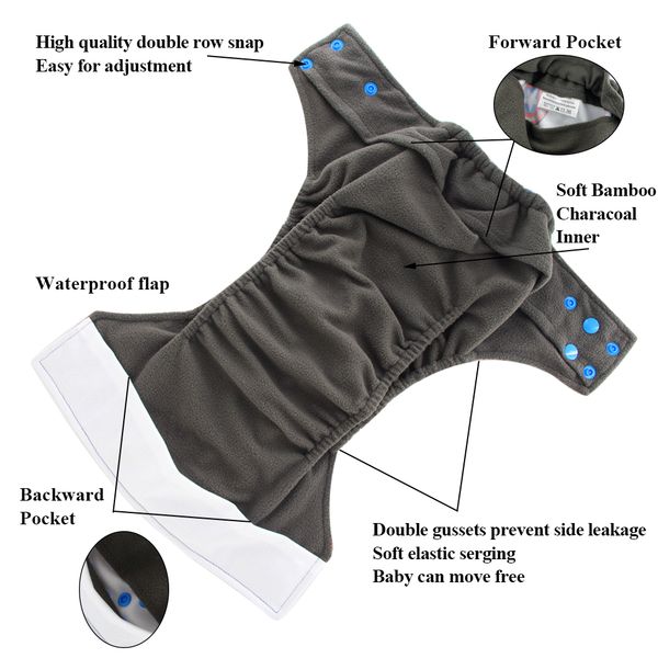 

ohbabyka 4pcs/set washable eco-friendly bamboo charocla cloth diaper adjustable nappy reusable ai2 double gusset cloth diapers