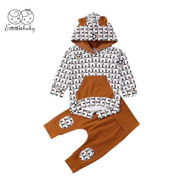 

2019 brand new autumn winter toddler baby girl boy clothes sets 2pcs long sleeve hooded cartoon bears print sweatshirt +pant, White