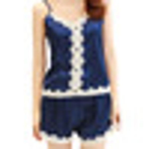 

women backless pajamas nightwear set solid lace patchwork casual soft camisole v neck elastic waist buttons shorts, Blue;gray