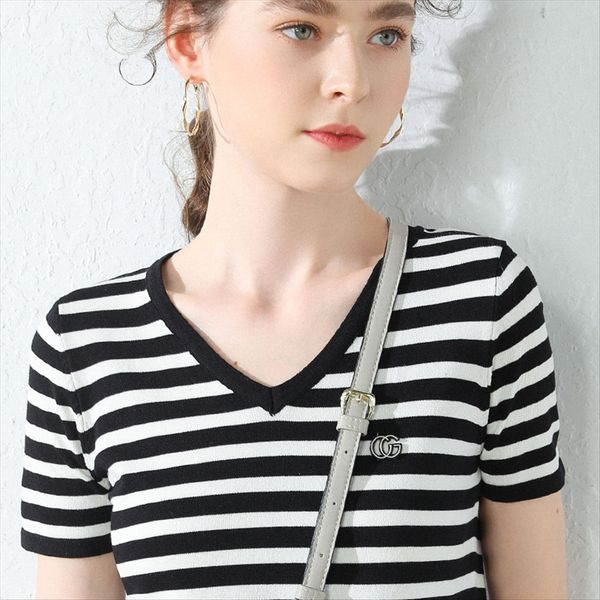 

20 summer v-neck striped short-sleeved women's slim ice silk knitted shirt thin short base shirt women's t-shirt, White