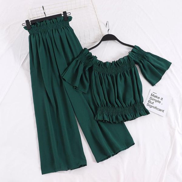 

2020 vintage slash neck women two piece set short + wide leg elastic waist pants green/red/black 2pcs set for female, White