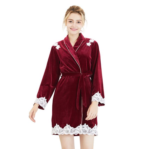 

velour lace bathrobes kimono pleuche winter robe femme bridesmaid robes 2018 new dressing gown, Black;red