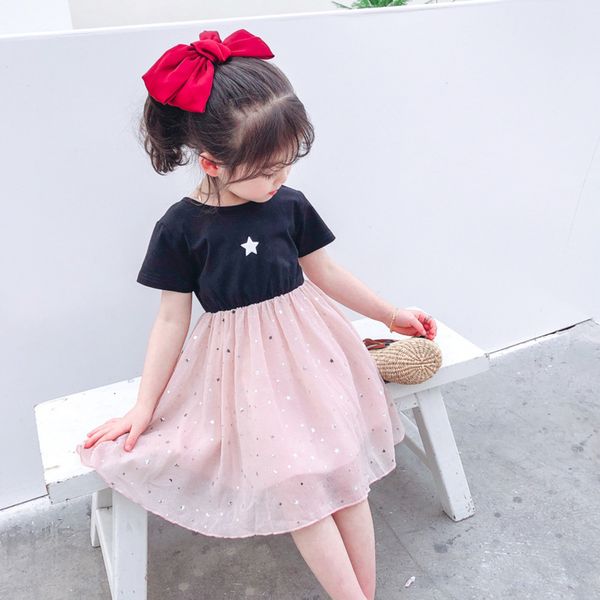 

kids designer clothes 20 back split five-pointed star mesh stitching princess dress children's dress, Red;yellow