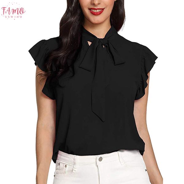 

women blouse casual short sleeve bow shirt womens and blouses solid chiffon womens blouses blusas solid mujer de moda 2019, White