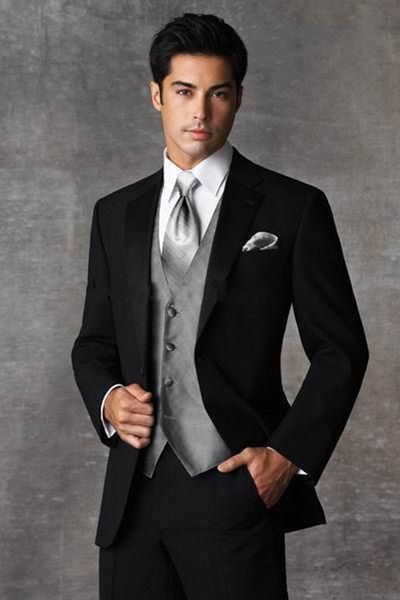 

new custom made two buttons slim fit black groom tuxedos notch lapel man groomsmen men wedding suits (jacket+pants+tie+vest) 1438, Black;gray