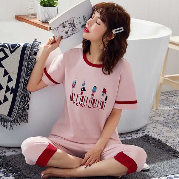 

summer women pajamas sets character print short sleeve + calf-length pants two piece woman lovely wear leisure clothes girl nigh, Blue;gray