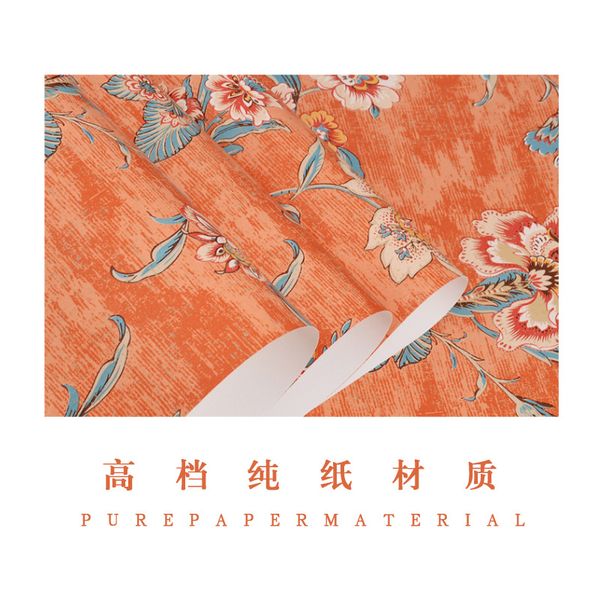 

american country vintage high-grade pure paper wallpaper orange red pastoral flower bedroom living room light tv backdrop