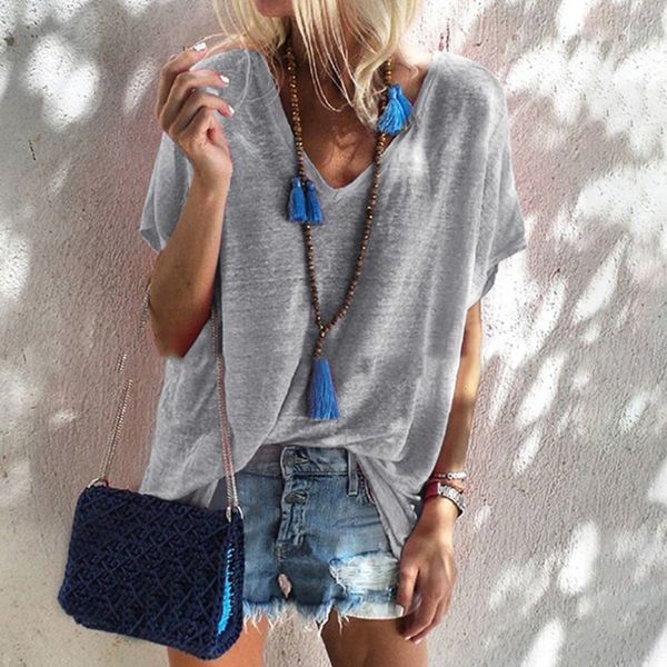 

2019 fashion summer women short sleeve shirts v-neck candy color solid color loose casual ladies tee female clothing, White