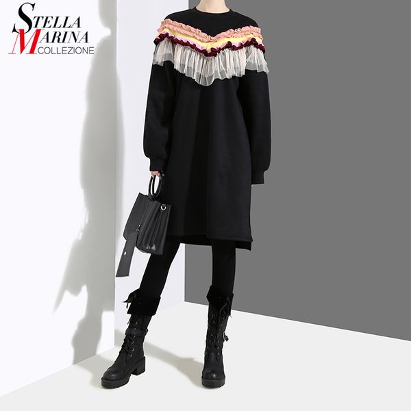 

new 2018 korean style women winter black dress long sleeve mesh ruffles knee length female stylish cotton dress robe femme 4549, Black;gray