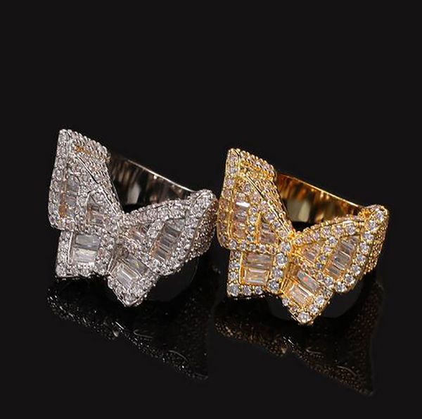 

iced out butterfly shape gold bling rings micro pave cubic zirconia 18k gold plated simulated diamonds hip hop ring with gift box, Golden;silver
