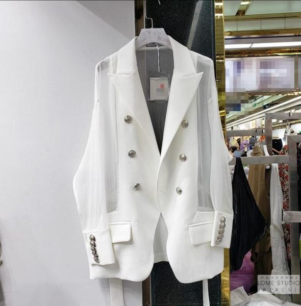 

retro white suit jacket 2020 summer autumn lady perspective chiffon stitching long sleeve blazer coat ins double-breasted jacket, White;black