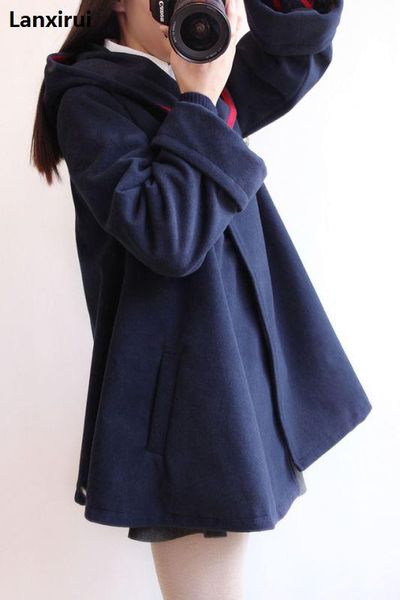 

fashion women wool coat european style winter autumn coat ponchos and capes female hooded jacket casual trench, Black