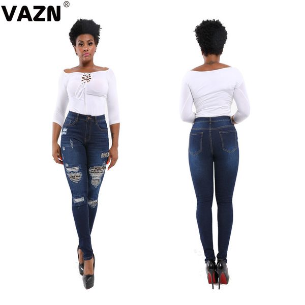 

vazn autumn 2020 elastic leopard new women casual pockets young broken hole high belt full-length light blue denim jeans pants