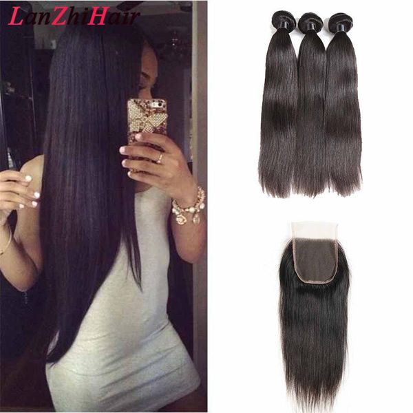 

перуанский волос remy 3 пачки с закрытием straight бразильский малазийские монгольской deep water wave рыхлый глубокий волос пучки lace clos, Black;brown