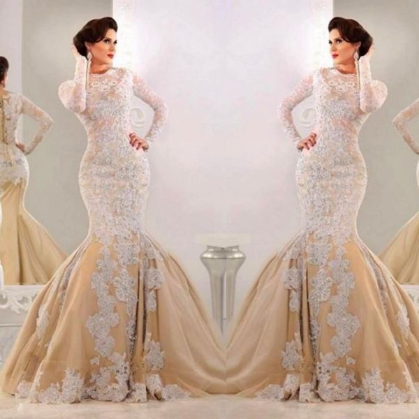 

2019 stunning champagne lace applique saudi arabia evening dresses long sleeves mermaid high neck arabic style dubai prom dress party gowns, Black;red