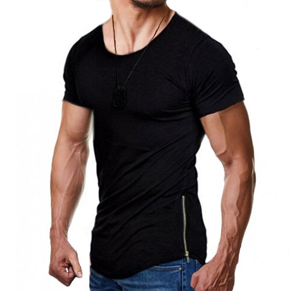 

men's casual solid t shirt with side zipper crew neck swag hem funny hip hop stretwear tee shirt short sleeve hipster male, White;black