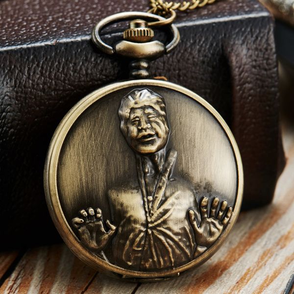 

bronze man head sculpture pocket watch necklace pendant chain vintage antique quartz pocket watch gifts relogio de bolso, Slivery;golden