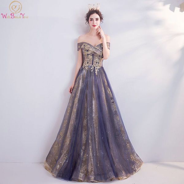 

party dresses gold sequined evening 2021 dark purple tulle off shoulder long sweetheart a line floor length prom gown graduation, White;black