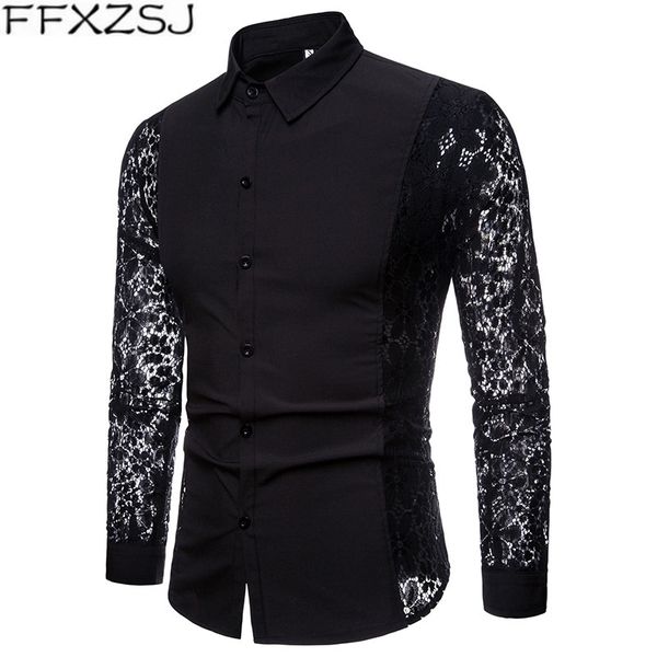 

ffxzsj men casual shirts fashion autumn lace sleeve cotton mens long sleeve shirt casual white black dress shirts