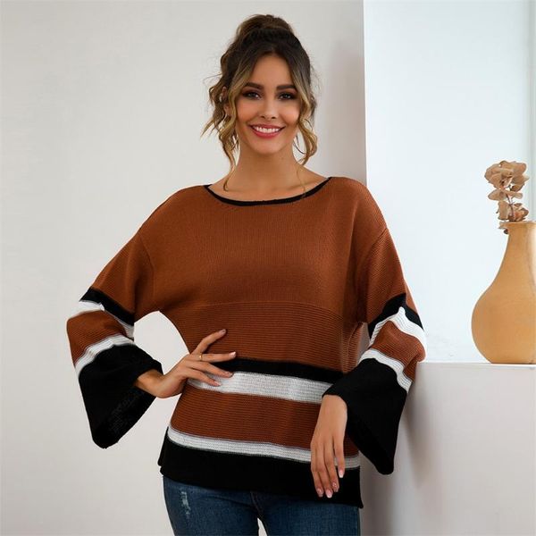 

women's sweater winter plus size womens patchwork stripe long sleeve pullover blouse knit patchwork sweater y1.6, White;black