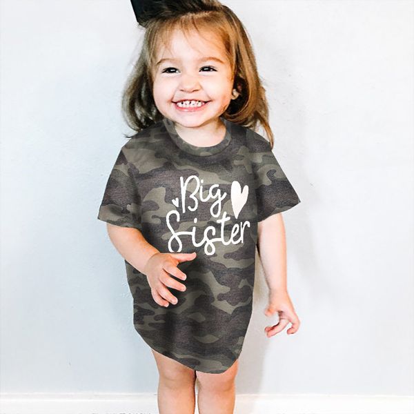 

2020 summer kids girls short sleeve tshirt clothes camouflage big sister letter toddler baby girls t-shirt funny children's, Blue