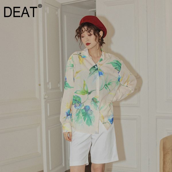

deat] women printed mixed color split blouse new lapel long sleeve loose fit shirt fashion tide spring autumn 2020 13p573, White