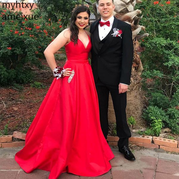 

custom red satin a-line event prom dresses v-neck spaghetti straps evening gowns long formal party dress with pocket, White;black
