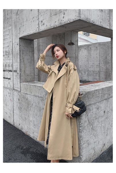 

wholesale-new spring autumn khaki trench coat women fashion style x-long loose clothing with belt woman clothes femme hiver overcoat j530, Tan;black