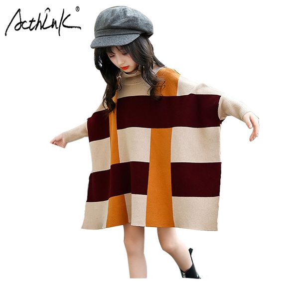 

acthink new girls winter plaid sweaters children cotton cape sweater coats knitted turtleneck cloak pullover girls knitted shawl, Blue