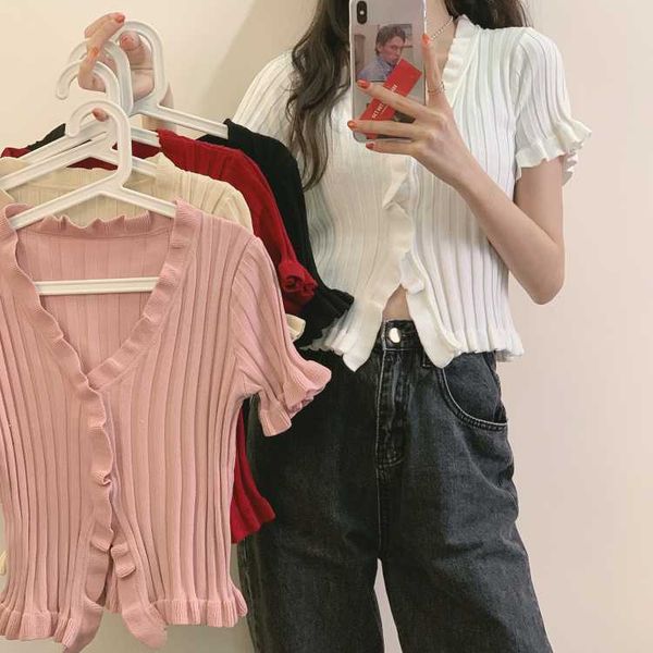 

black knitted cardigan women crop sweater v neck ruffle cropped cardigan casual winter korean women, White