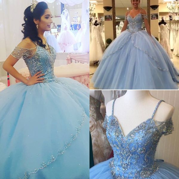 Принцесса Sky Blue Crystal Quinceanera Платья Bling Puffy Tulle Prom Вечерние платья на шнуровке Крышки Рукава Сладкие 16 Платьев Vestidos 15 Anos