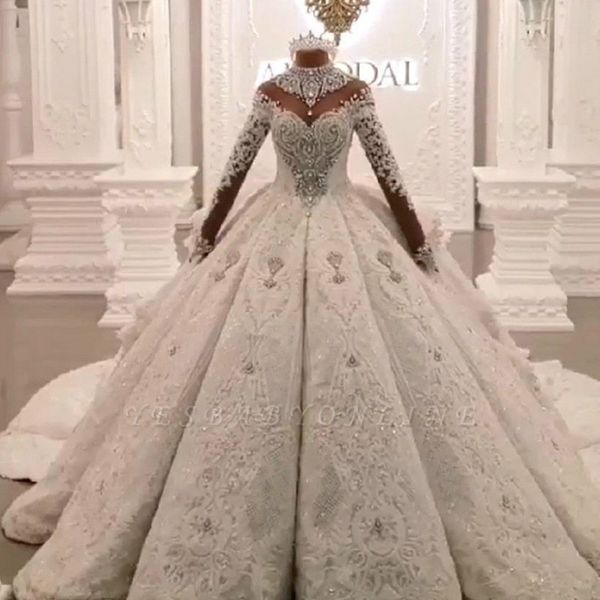 

2020 luxurious beaded long sleevse ball gown wedding dresses sparkly open back lace plus size high neck african dubai bridal gown cph094