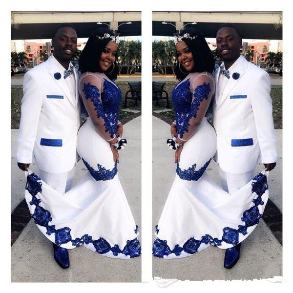 

new white african prom dresses satin royal blue lace aso ebi long illusion sleeves applique formal evening gowns pageant celebrity dress, Black