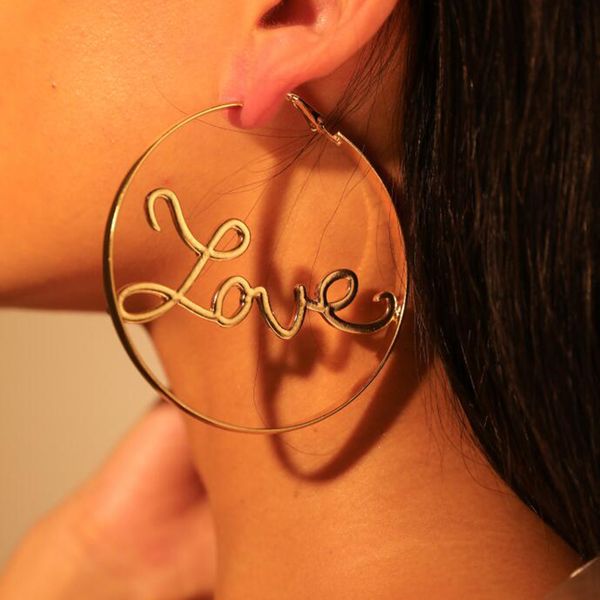 

women gold hoop earrings elegant love letter hoop earrings girl party big circle word fashion jewelry, Golden;silver