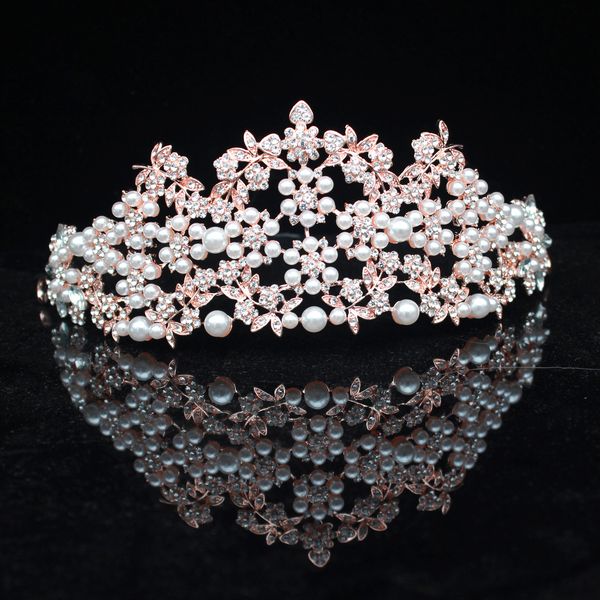 

pearl baroque queen bridal tiara crown rose gold diadem women pagenat prom hair ornaments bride wedding hair jewelry accessories, Golden;white