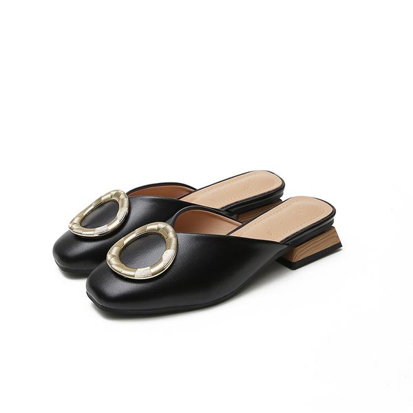 

square toe rivet loafers flat shoes female ladies' slippers low big size slipers women block 2020 cover slides pu hoof heels, Black