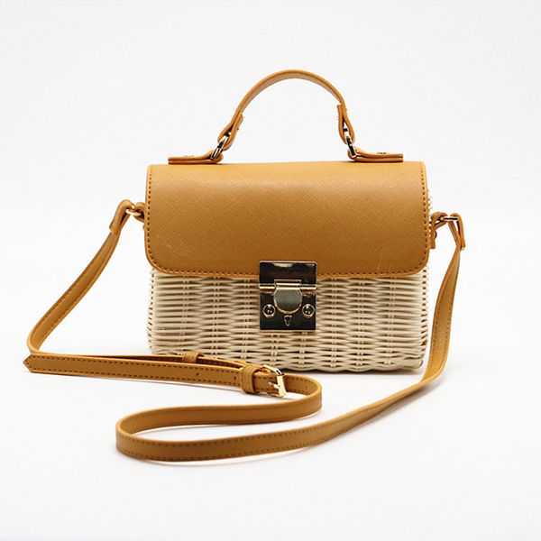 

2020 summer new leather straw woven patchwork tote bags handmade woven rattan handbag women shoulder bags vintage crossbody bag