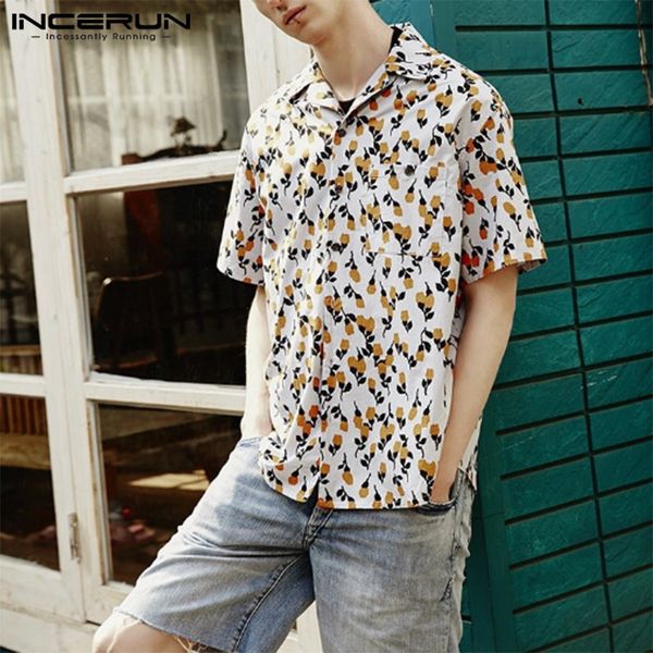 

men floral printed shirts summer short sleeve lapel shirt man casual hawaiian printing blouse loose vacation beach incerun, White;black