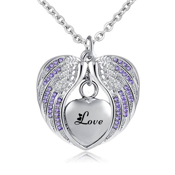 

cremation jewelry with angel wing urn necklace for ashes birthstone pendant holder heart memorial keepsake -love, Silver