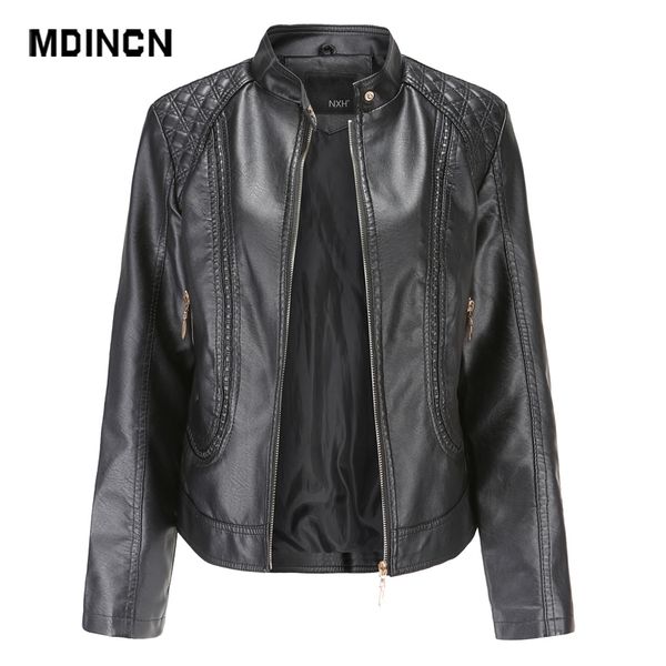 

mdincn 2020 spring autumn women leather clothes solid color large size stand-up collar pu women jacket outer wear leather coat, Black