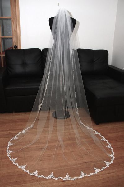 

new long wedding veil white ivory one-layer 1t lace applique edge chapel length meidingqianna brand bridal veils with an alloy comb, Black