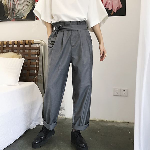 

new loose solid color mens suit pants gray black fashion wide leg men trouser suits casual high waist with belt trousers ds50760, White;black