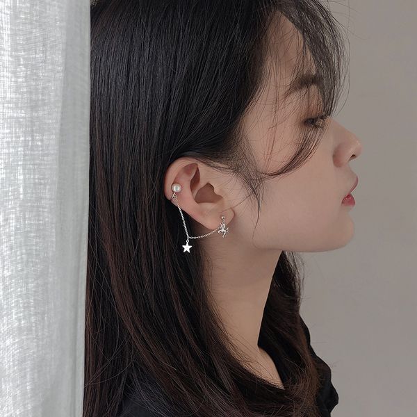 

new fashion silver lucky unicorn long chain drop earing 925 star pendant imitation pearl ear cuff clip on earring forwomen girl