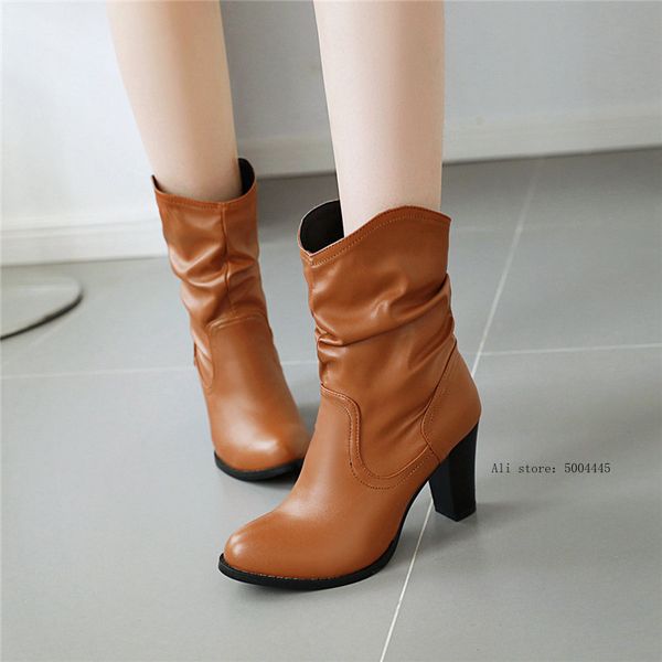 

2019 concise block high heels western cowboy boots pleated brown black women's shoes autumn winter ankle boots bootie