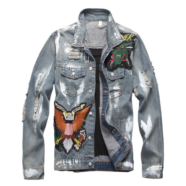 

uplzcoo men's slim american flag embroidered ripped jean jacket trendy letters birds distressed denim coat outerwear em170, Black;brown