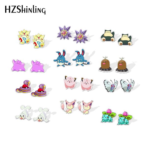 

2020 new smettbo resin earrings ivysaur shrinky dinks earrings gilfts women mewtwo silver epoxy stud earring, Golden;silver